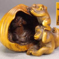 象牙彫 正照銘 群猿栗 根付