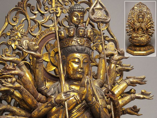 仏教美術 金彩！ 木彫 千手観音像
