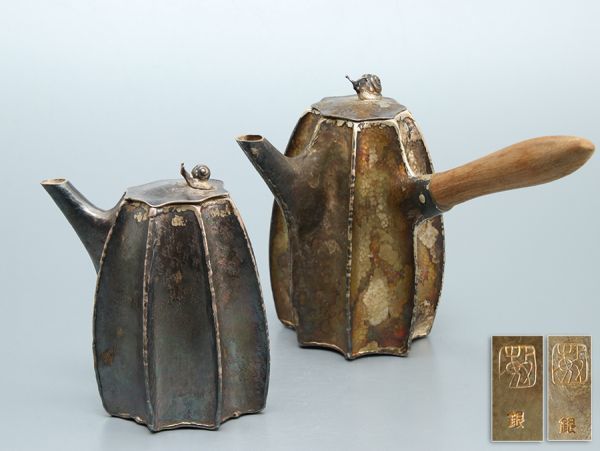 煎茶道具 銀刻 在銘 蝸牛摘蓋 急須 2点まとめて