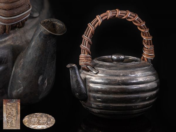 【純銀刻】巧益造 籐編提手 銀瓶 重量305g 合箱