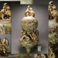 博物館級◆時代薩摩焼 羅漢図金襴手 獅子蓋龍巻大香炉