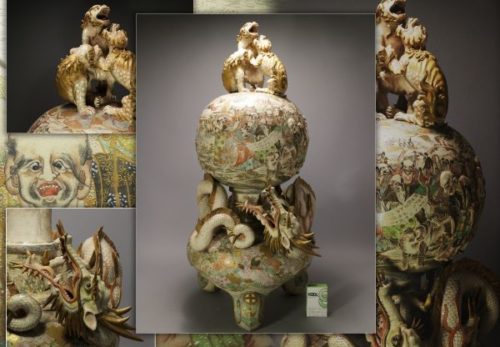 博物館級◆時代薩摩焼 羅漢図金襴手 獅子蓋龍巻大香炉