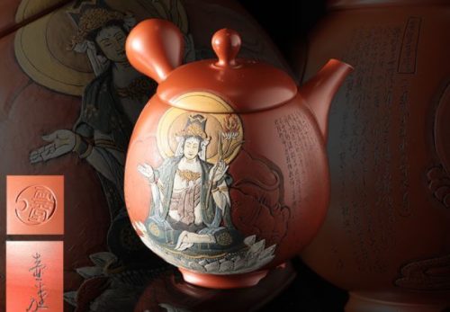 常滑名人 吉川雪堂作 壷堂刻「普賢菩薩」漢文彫朱泥彩色細密画急須