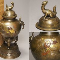 金四分一赤銅象嵌花鳥図 古銅双耳香炉