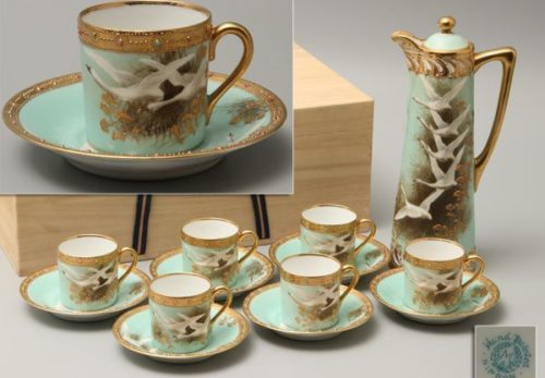 オールドノリタケ hand painted nippon 「M」金彩白鳥図 コーヒーポット・デミタスカップ６客セット