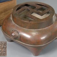 鋳金工芸作家 香取秀真作 斑紫銅 獅子双耳 四足 香炉 合箱