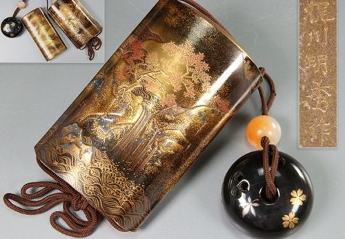 【豪華絢爛】梶川明秀作 内梨地 山水蒔絵 五段 印籠 黒塗桜蒔絵饅頭根付付属