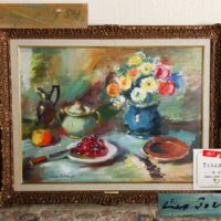 【月光荘取扱品】現代ソビエト画 スベムプ作「さくらんぼのある静物」油彩 額装 真作