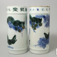 中国美術 色絵 松栗鼠図 花瓶 一対