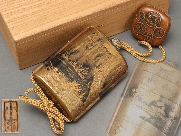 提げ物 内梨地 柳蒔絵 五段 印籠 古銭文根付付属 箱付属