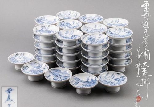 六齋窯 村田幸之介造 東海道五十三次之図大盃揃 五十五客 共箱