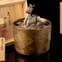 【人間国宝 鹿島一谷作】神鹿 鋳金香爐 金縄線文象嵌