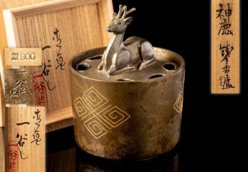 【人間国宝 鹿島一谷作】神鹿 鋳金香爐 金縄線文象嵌