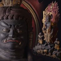 木彫 金彩色 不動明王二童子立像