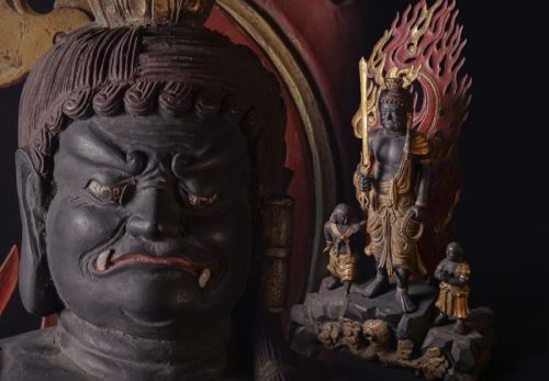 木彫 金彩色 不動明王二童子立像