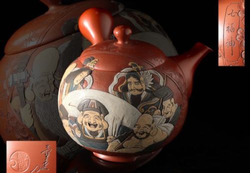 常滑名人 吉川雪堂作 壷堂刻「七福神」朱泥彩色細密画急須 美品