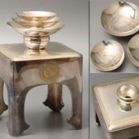 【純銀刻】生秀舘製 三つ盃 総重量1297g 盃台付属