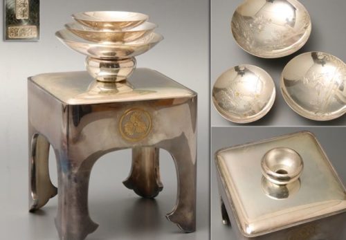 【純銀刻】生秀舘製 三つ盃 総重量1297g 盃台付属