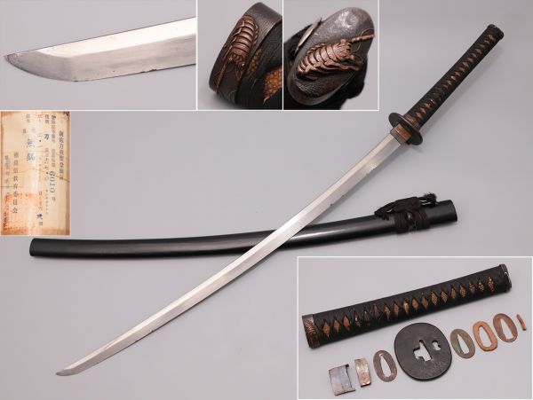 武具 刀 無銘 刃長67cm 反り2.1cm 白鮫肌蝦図縁頭目貫 鉄地片櫃鍔 拵え