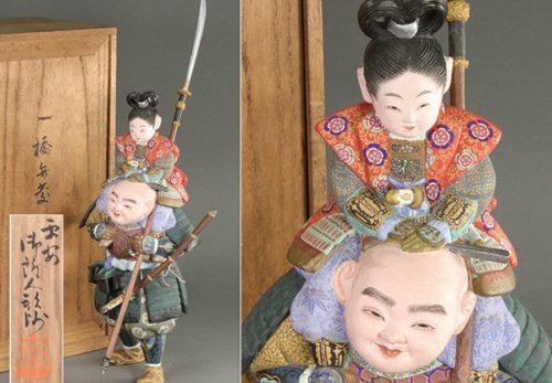 東洋彫刻 平安 御所人形師 浮舟作 木彫彩色 一橋弁慶 共箱