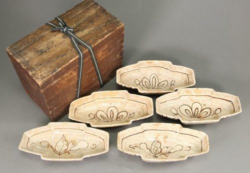 時代茶道具 織部 舟形 向附 五客 合箱