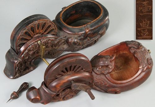 大工道具 壷豊銘 木彫 鶴亀図・木彫 人物波図