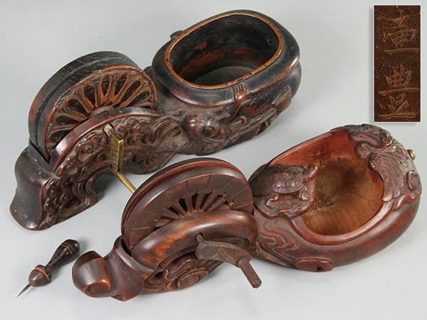 大工道具 壷豊銘 木彫 鶴亀図・木彫 人物波図