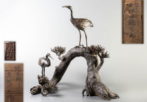 鋳金師 高村曉光作 銀四分一銅 老松双鶴置物