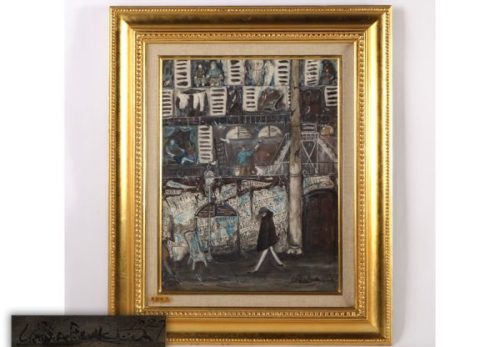 洋画家 佐伯祐三作「裏街」水彩 額装