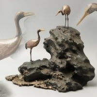 時代金工美術 銀鶴 古銅台座 岩上鶴