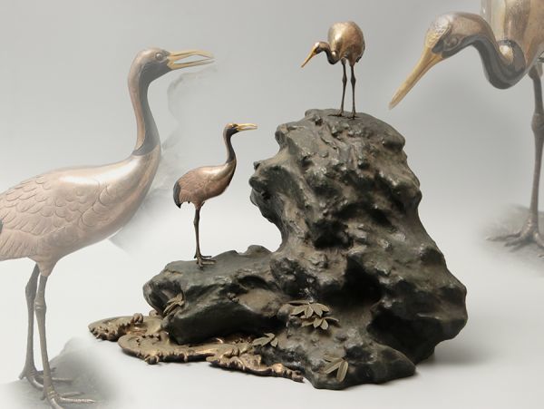 時代金工美術 銀鶴 古銅台座 岩上鶴