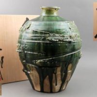 陶芸家 林正太郎造 織部 壷 高さ40.0cm 共布 共箱