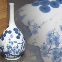 時代 鍋島焼 染付松竹梅文 鶴首徳利 高さ26.5cm 合箱