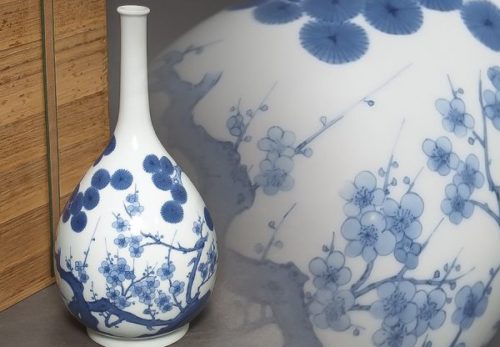 時代 鍋島焼 染付松竹梅文 鶴首徳利 高さ26.5cm 合箱