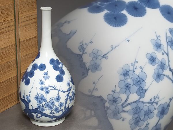 時代 鍋島焼 染付松竹梅文 鶴首徳利 高さ26.5cm 合箱