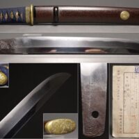 武具 秋廣(秋広)銘 匕首 刃長21cm 反り0.2cm 葵紋雲図彫長幸銘縁頭・葵紋目貫 拵え付属