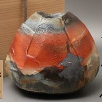 陶芸家 林正太郎作 万葉大和路 志野 扁壷 共箱 共布 / 花瓶花入茶道具