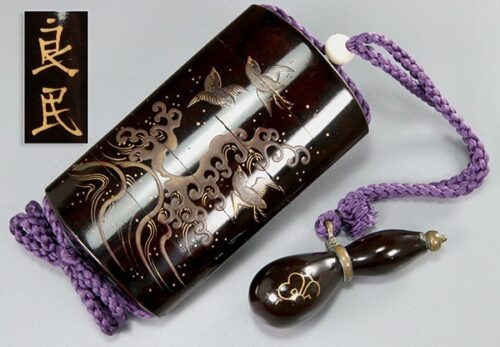 提げ物 良民銘 鳥波蒔絵 五段 印籠 剣片喰紋蒔絵 瓢箪根付 緒締