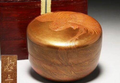 【川口虚舟】作 朱塗金彩 鳳凰高蒔絵 螺鈿細工 平棗