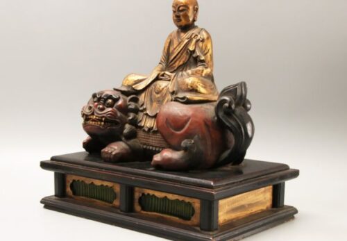 仏教彫刻美術 木彫 金彩僧形文殊菩薩座像 朱塗獅子