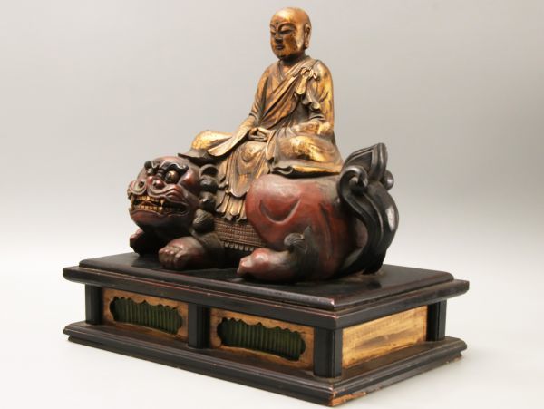 仏教彫刻美術 木彫 金彩僧形文殊菩薩座像 朱塗獅子