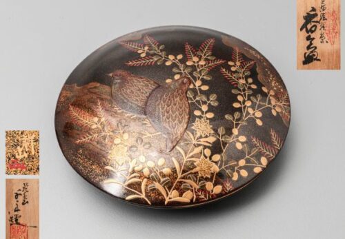 【輪島千舟堂】造 輪島塗「祥山」銘 秋草鶉蒔絵 内梨地 香合
