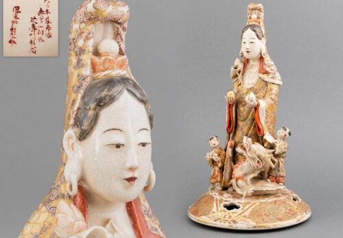 【豪華絢爛】大日本薩摩國 壽官山陶器 沈壽誠製画 巴里博覧會 金襴手 紋様入 龍唐子装飾 観音像 高さ34.0cm 合箱