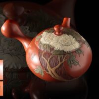 常滑名人 吉川雪堂作 壷堂刻「永和の人」牡丹図朱泥彩色細密画急須 美品