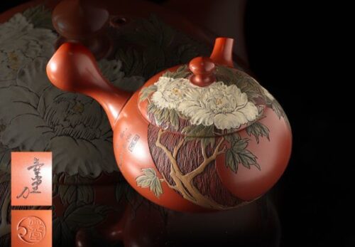 常滑名人 吉川雪堂作 壷堂刻「永和の人」牡丹図朱泥彩色細密画急須 美品