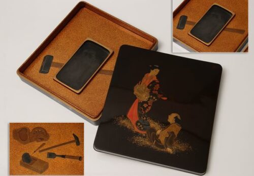 漆器 内梨地 人物 大工道具 蒔絵 硯箱 合箱