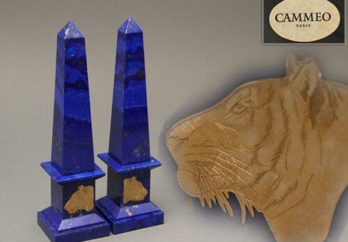 【本物補償ラピスラズリ】フランス製 CAMMEO カメオ 虎図 置物 一対 総重量2604g