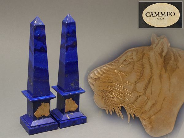 【本物補償ラピスラズリ】フランス製 CAMMEO カメオ 虎図 置物 一対 総重量2604g