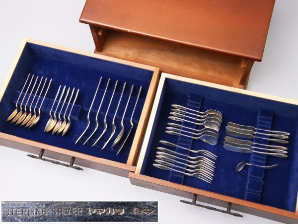 【STERLING SILVER刻】ヤマカツ 銀製カトラリー スプーン フォーク バターナイフ 収納ケース付属 / 銀器シルバー