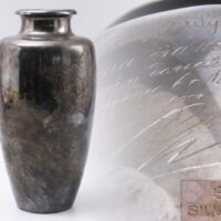 【SILVER刻】勝洲刻 山水楼閣図彫 銀花瓶 重量700ｇ